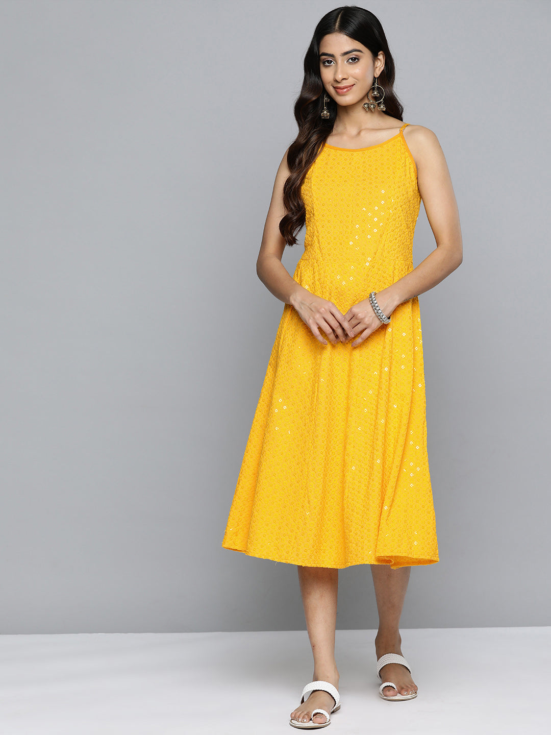 Jompers Yellow Floral Sequin Embroidered A-Line Midi Dress ( JOK 1494 Yellow )