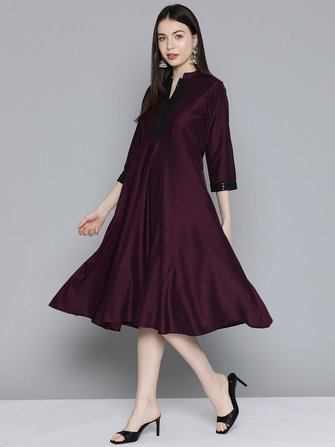 Sequin work, flared ethnic dress ( JOK 1536 Wine )
