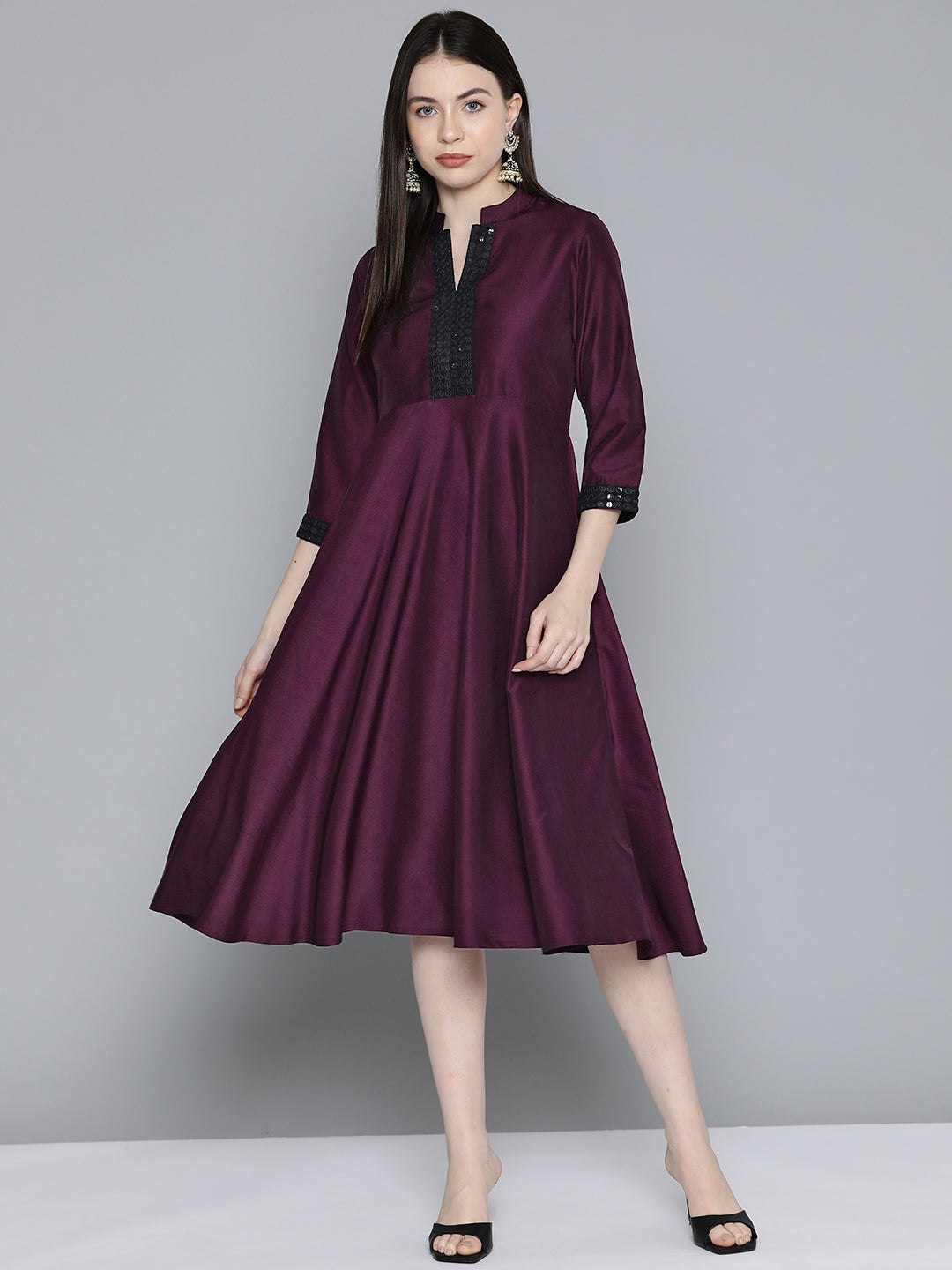 Sequin work, flared ethnic dress ( JOK 1536 Wine )