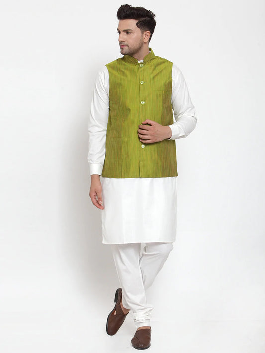 Jompers Men's White Solid Kurta with Pyjamas & Green Nehru Jacket ( JOKP WC 4064 Green-W )