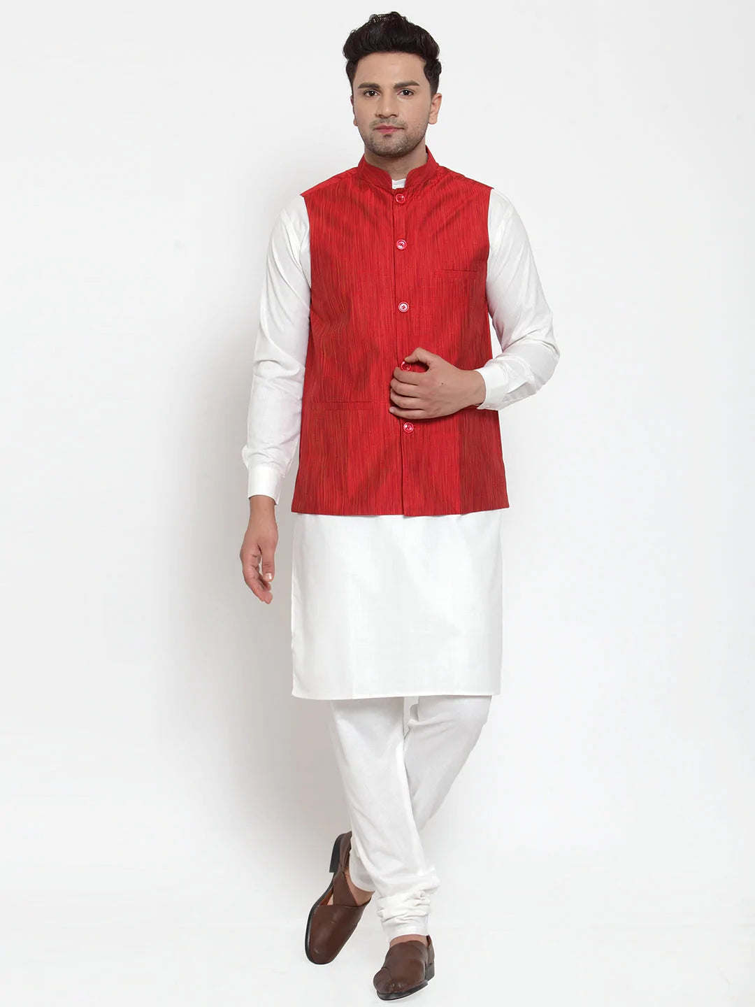 Jompers Men's White Solid Kurta with Pyjamas & Red Nehru Jacket ( JOKP WC 4064 Red-W )