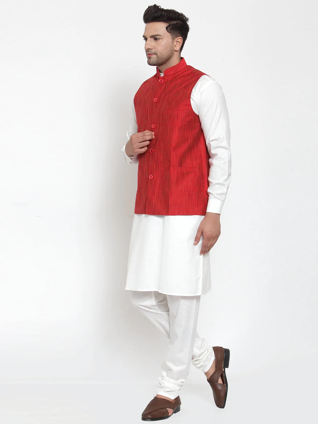 Jompers Men's White Solid Kurta with Pyjamas & Red Nehru Jacket ( JOKP WC 4064 Red-W )