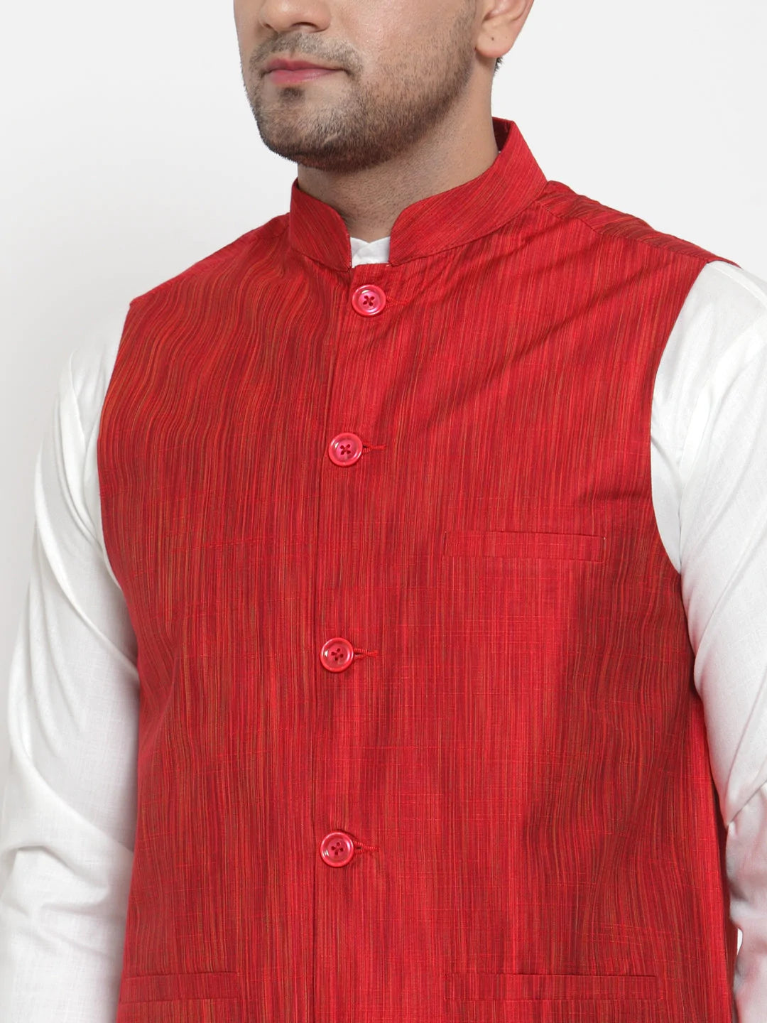 Jompers Men's White Solid Kurta with Pyjamas & Red Nehru Jacket ( JOKP WC 4064 Red-W )