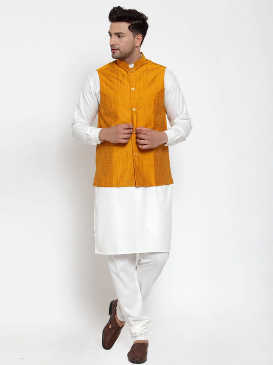 Jompers Men's White Solid Kurta with Pyjamas & Yellow Nehru Jacket ( JOKP WC 4064 Yellow-W )