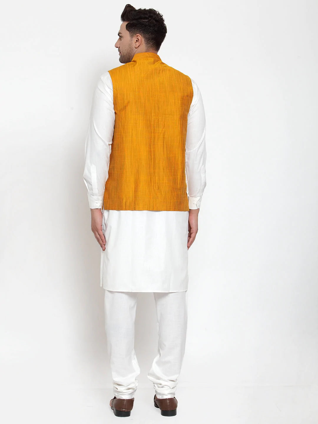 Jompers Men's White Solid Kurta with Pyjamas & Yellow Nehru Jacket ( JOKP WC 4064 Yellow-W )