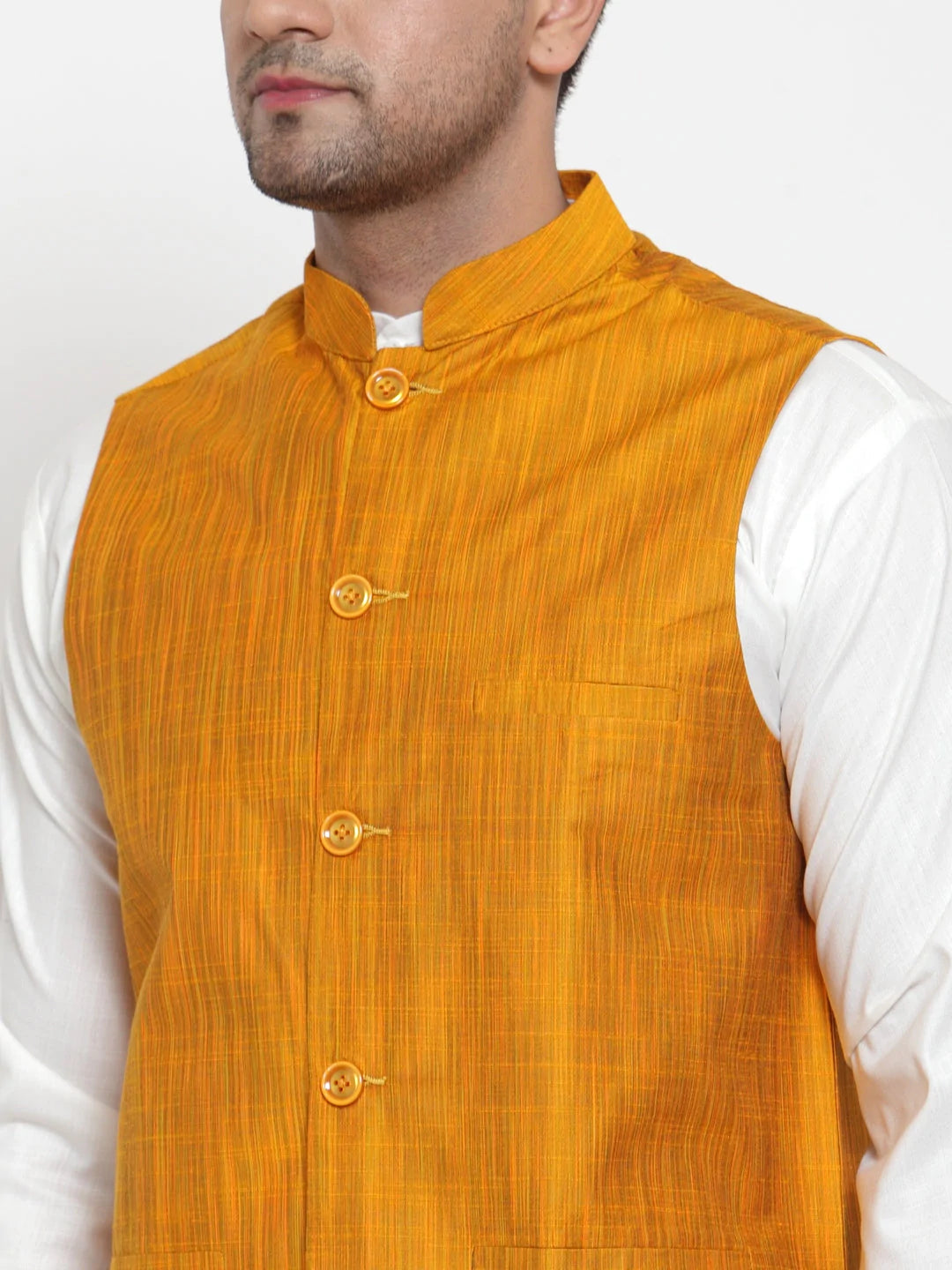 Jompers Men's White Solid Kurta with Pyjamas & Yellow Nehru Jacket ( JOKP WC 4064 Yellow-W )