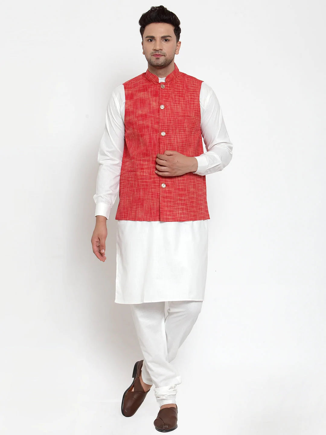 Jompers Men's White Solid Kurta with Pyjamas & Red Nehru Jacket ( JOKP WC 4065 Red-W )