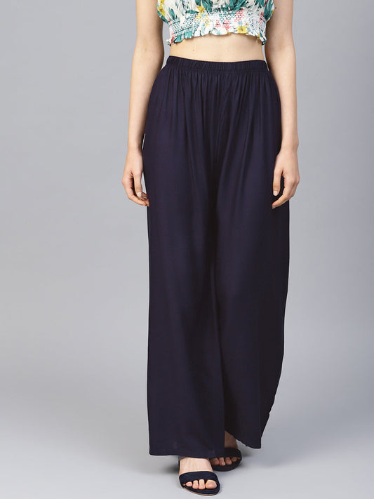 Women Navy Blue Straight Elasticated Palazzo ( JOPL 2121 Navy )