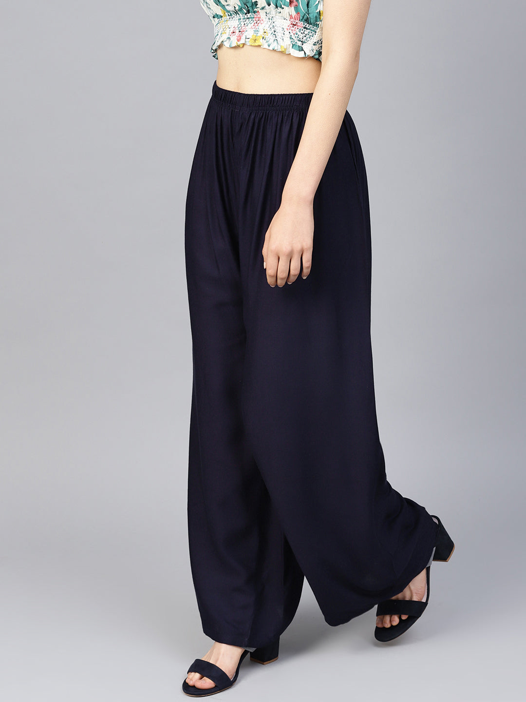 Women Navy Blue Straight Elasticated Palazzo ( JOPL 2121 Navy )