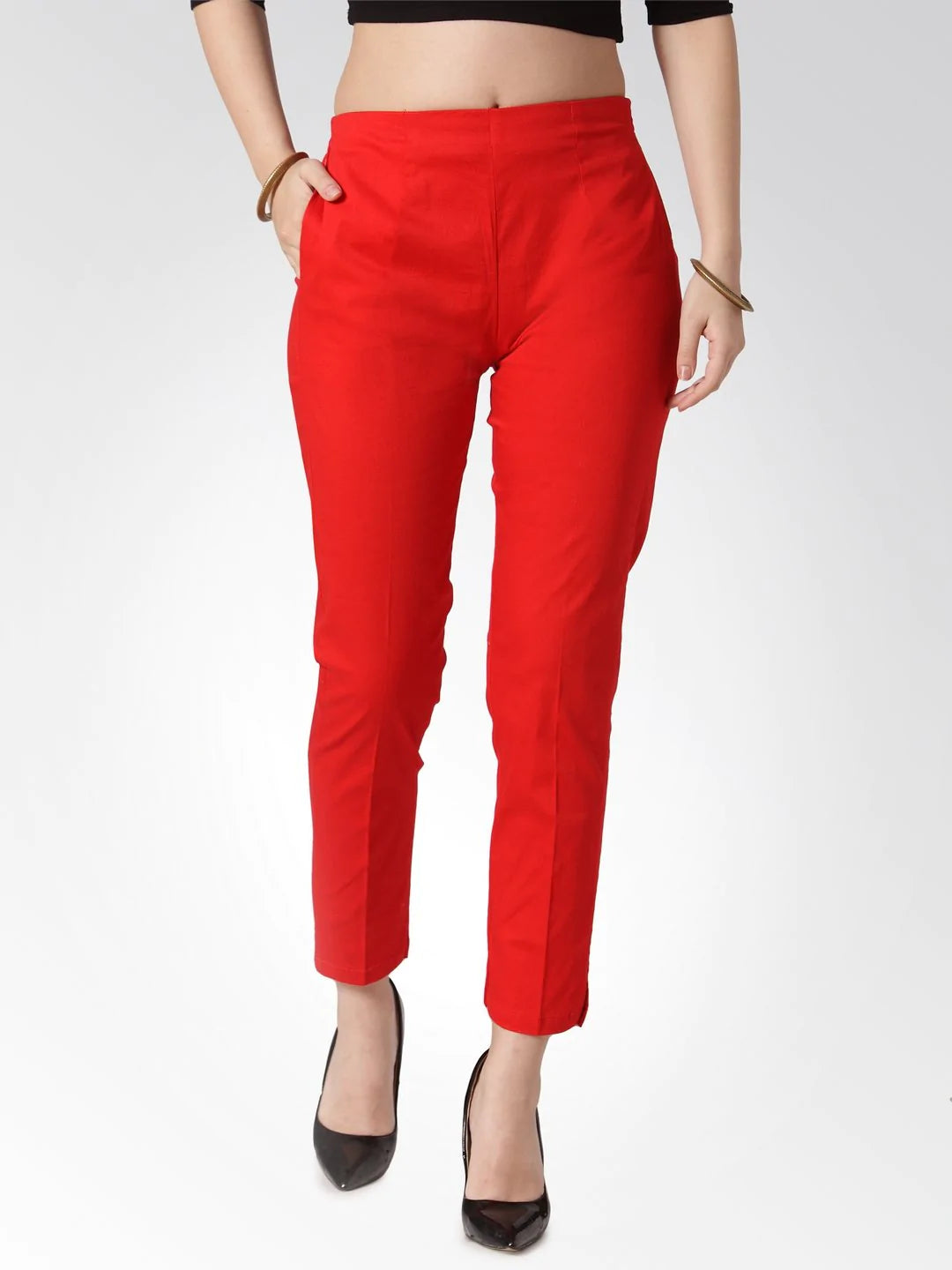 Jompers Women Red Smart Slim Fit Solid Regular Trousers ( JOP 2119 Red )