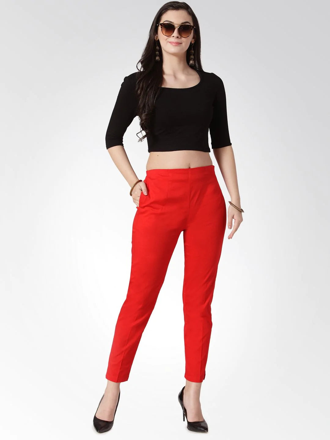 Jompers Women Red Smart Slim Fit Solid Regular Trousers ( JOP 2119 Red )