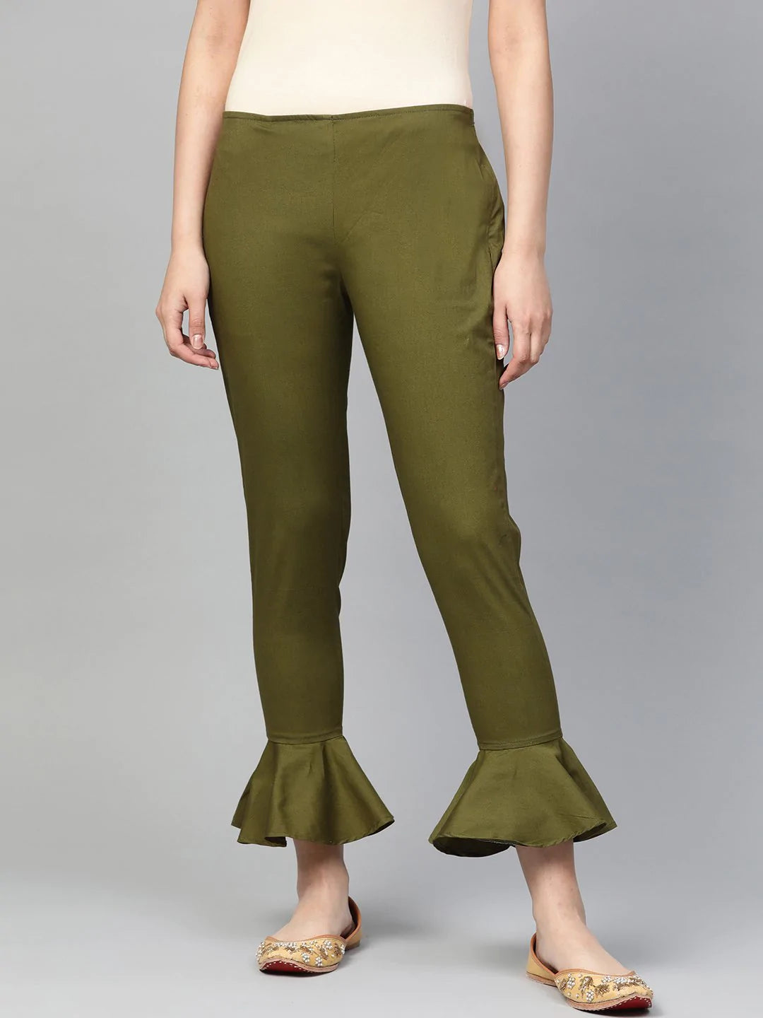 Jompers Women Olive Green Smart Fit Solid Bottom Flared Trousers ( JOP 2128 Olive )