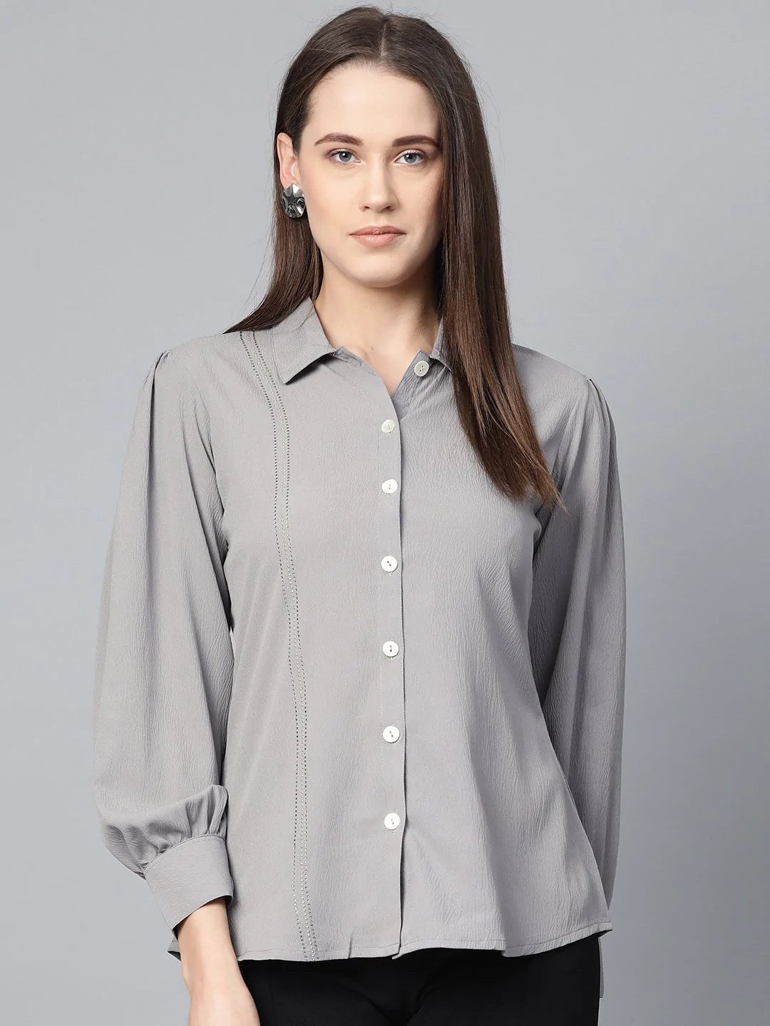 Jompers Women Grey Regular Fit Crinkled Effect Casual Shirt ( JOT 7002 Grey )