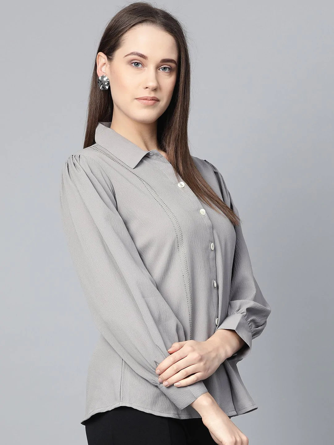 Jompers Women Grey Regular Fit Crinkled Effect Casual Shirt ( JOT 7002 Grey )