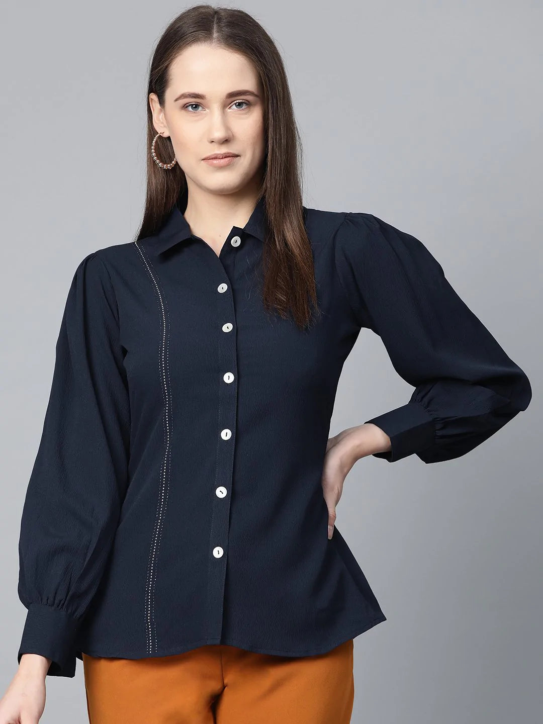 Jompers Women Navy Blue Regular Fit Crinkled Effect Casual Shirt ( JOT 7002 Navy )