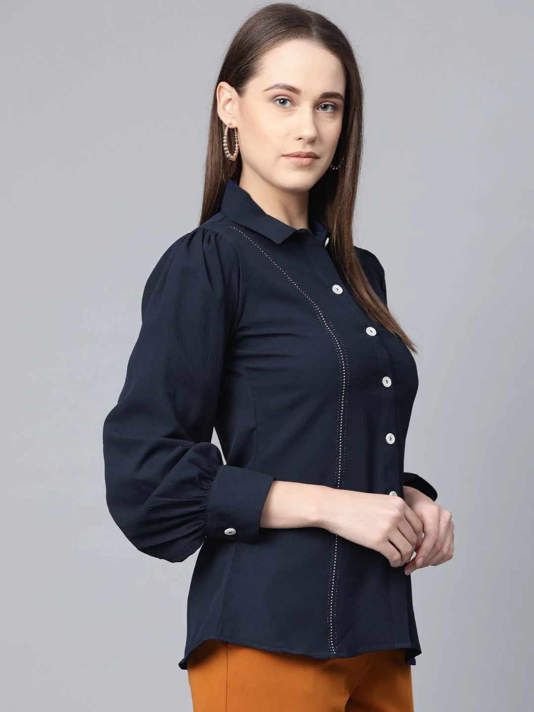 Jompers Women Navy Blue Regular Fit Crinkled Effect Casual Shirt ( JOT 7002 Navy )