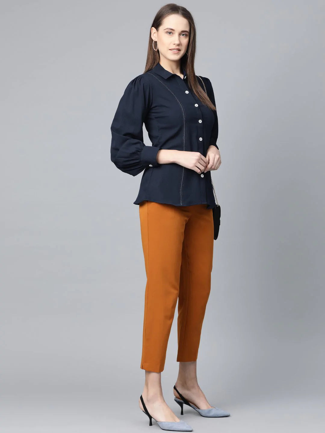 Jompers Women Navy Blue Regular Fit Crinkled Effect Casual Shirt ( JOT 7002 Navy )