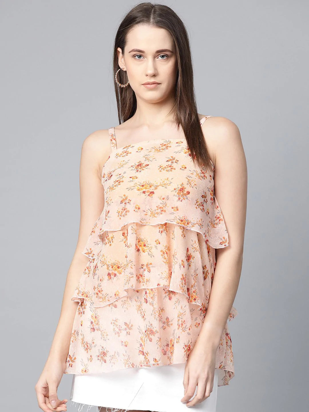 Jompers Women Peach-Coloured & Grey Printed Tiered Top ( JOT 7006 Peach )