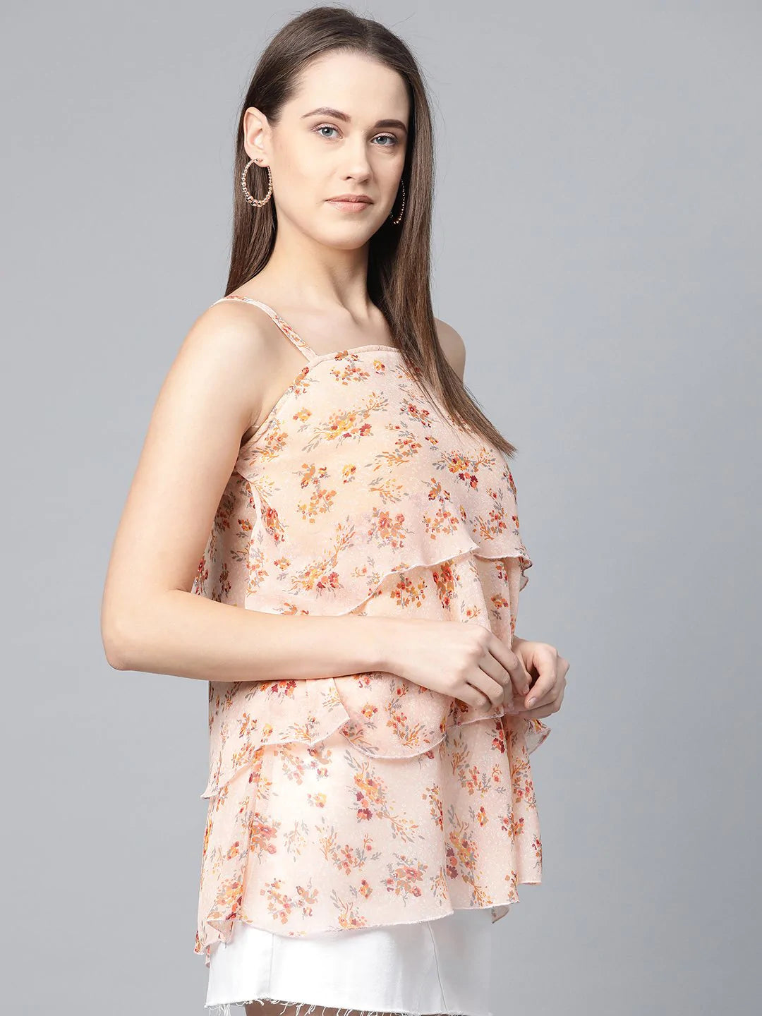 Jompers Women Peach-Coloured & Grey Printed Tiered Top ( JOT 7006 Peach )