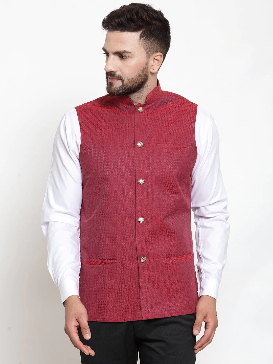 Jompers Men Maroon Woven Design Nehru Jacket ( JOWC 4001 Maroon)