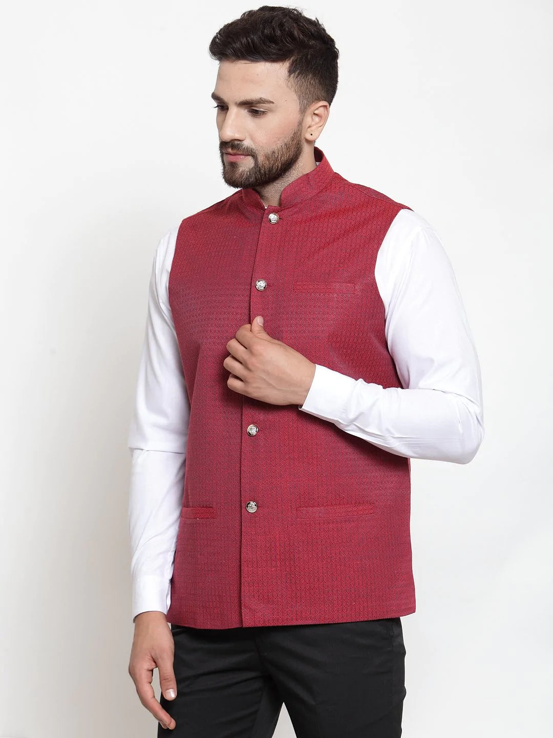 Jompers Men Maroon Woven Design Nehru Jacket ( JOWC 4001 Maroon)
