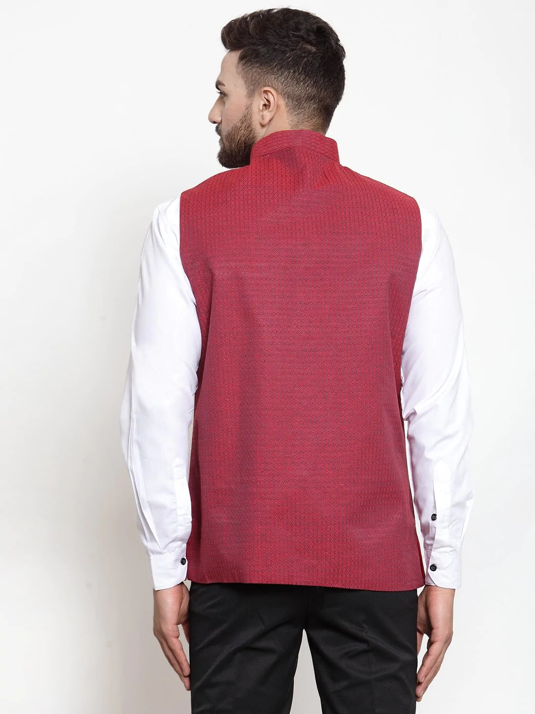 Jompers Men Maroon Woven Design Nehru Jacket ( JOWC 4001 Maroon)