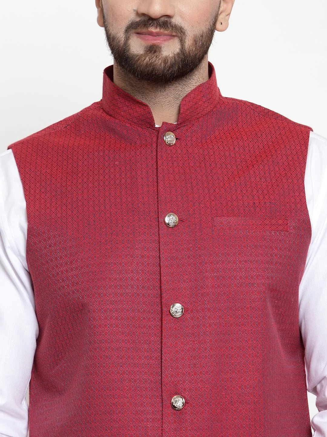 Jompers Men Maroon Woven Design Nehru Jacket ( JOWC 4001 Maroon)