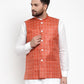 Jompers Men Peach Checked Nehru Jacket ( JOWC 4003 Peach)