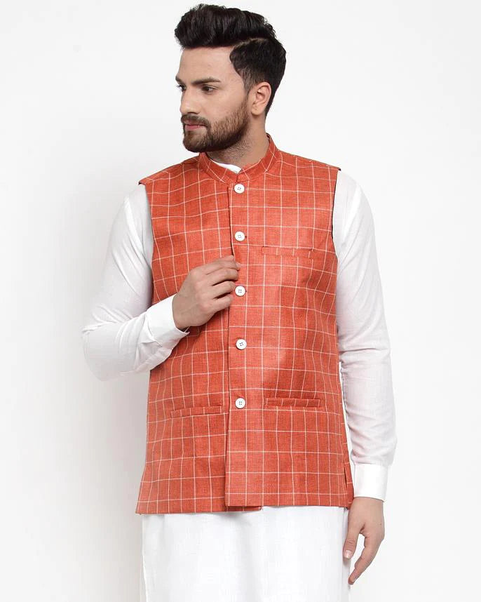 Jompers Men Peach Checked Nehru Jacket ( JOWC 4003 Peach)