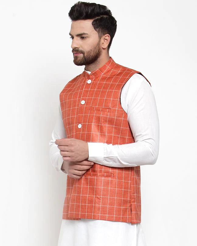 Jompers Men Peach Checked Nehru Jacket ( JOWC 4003 Peach)