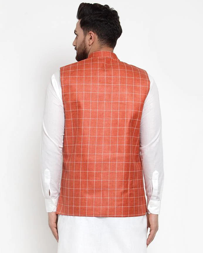 Jompers Men Peach Checked Nehru Jacket ( JOWC 4003 Peach)