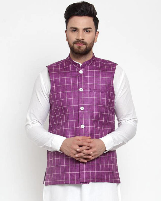 Jompers Men Purple Checked Nehru Jacket ( JOWC 4003 Purple)