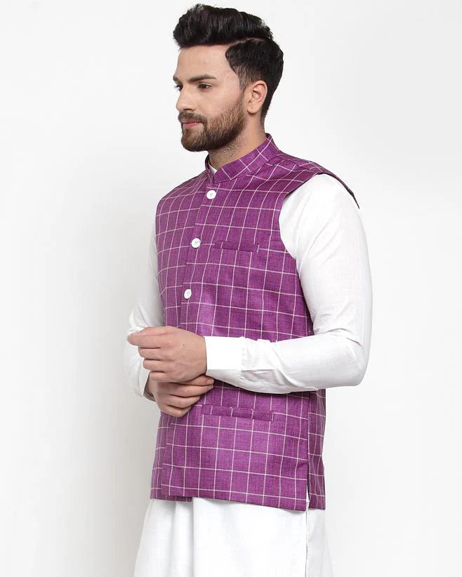 Jompers Men Purple Checked Nehru Jacket ( JOWC 4003 Purple)