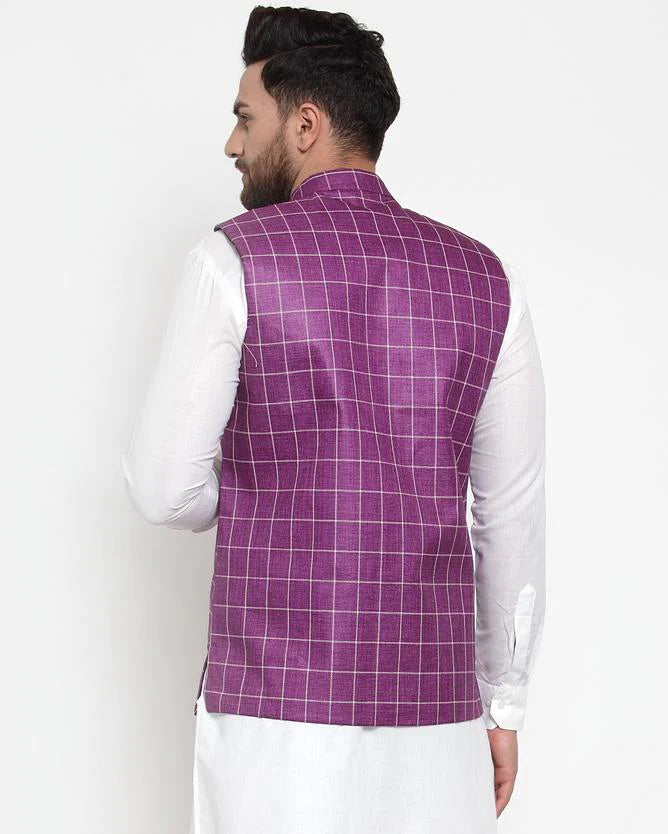 Jompers Men Purple Checked Nehru Jacket ( JOWC 4003 Purple)