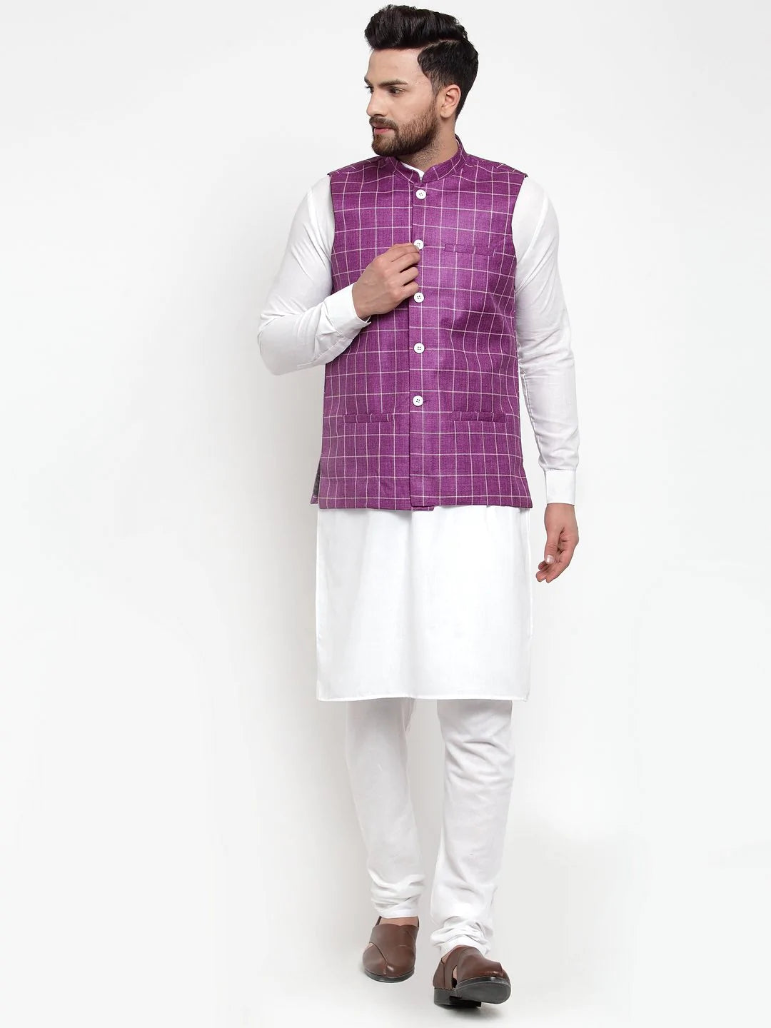 Jompers Men Purple Checked Nehru Jacket ( JOWC 4003 Purple)