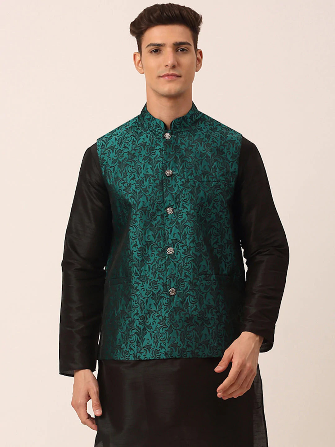 Men's Green Woven Design Nehru Jacket.( JOWC 4004 Green )