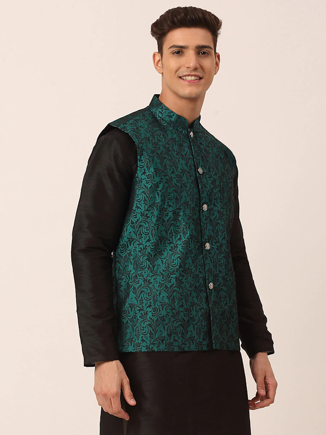 Men's Green Woven Design Nehru Jacket.( JOWC 4004 Green )