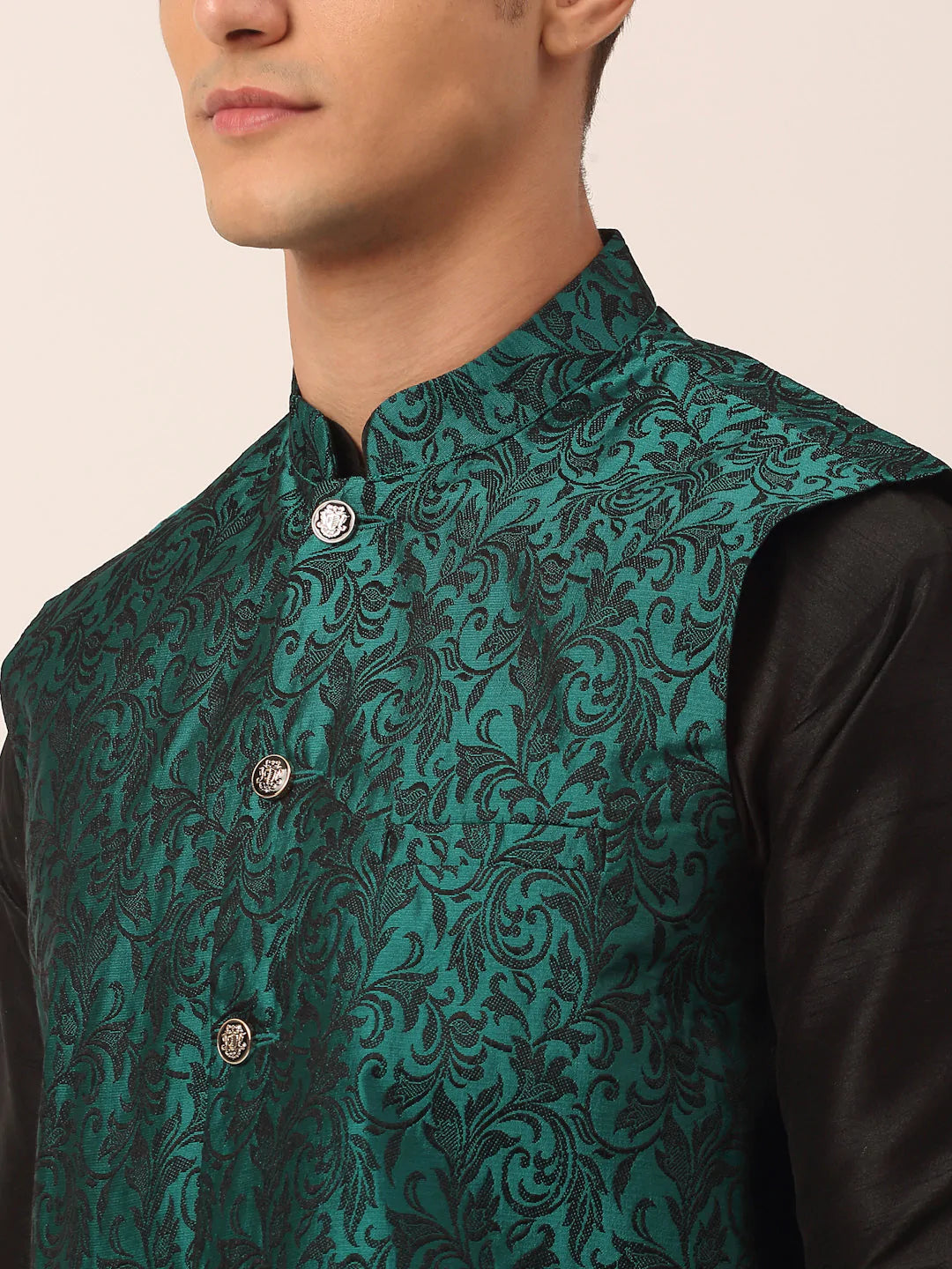 Men's Green Woven Design Nehru Jacket.( JOWC 4004 Green )