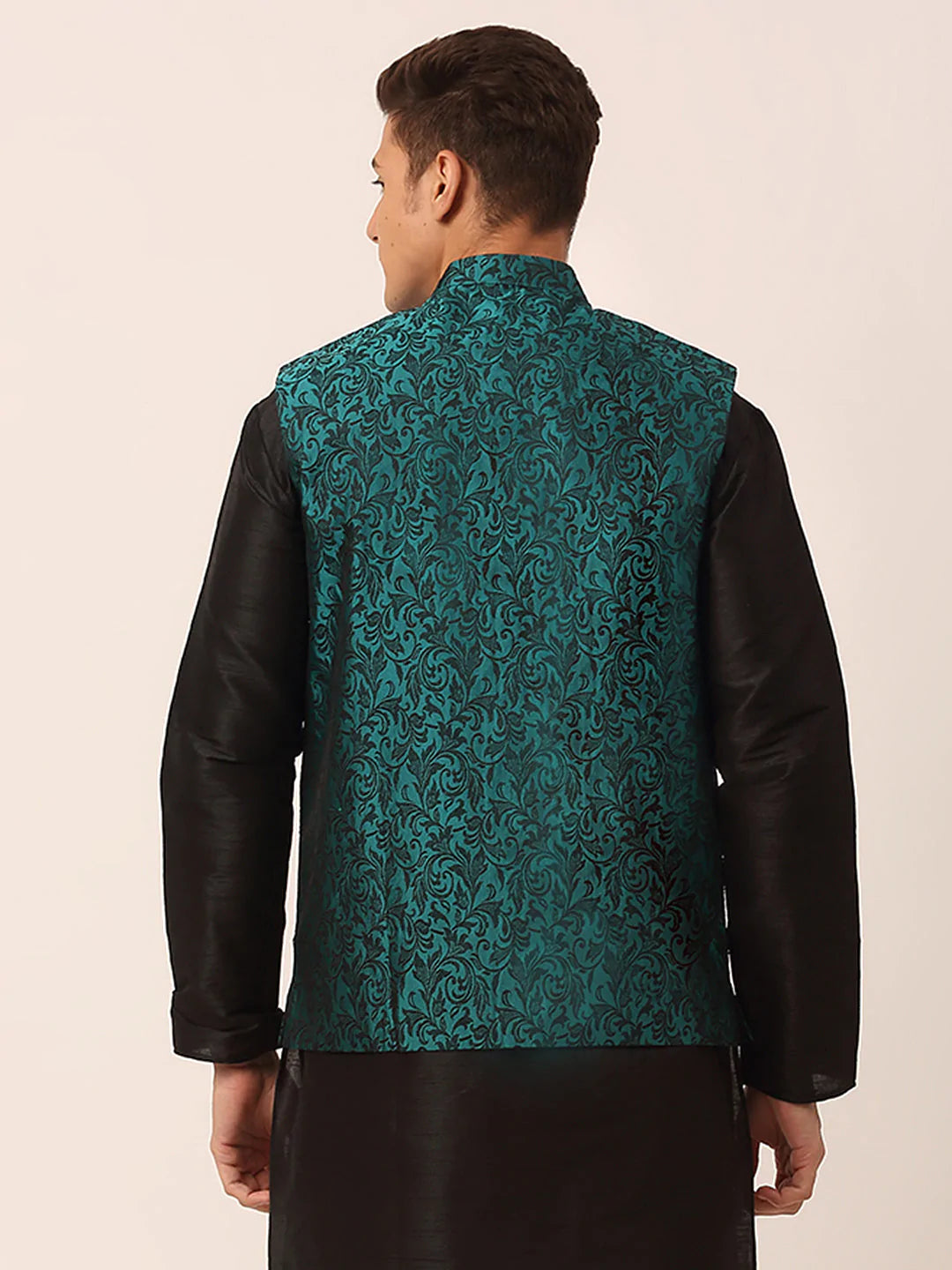 Men's Green Woven Design Nehru Jacket.( JOWC 4004 Green )