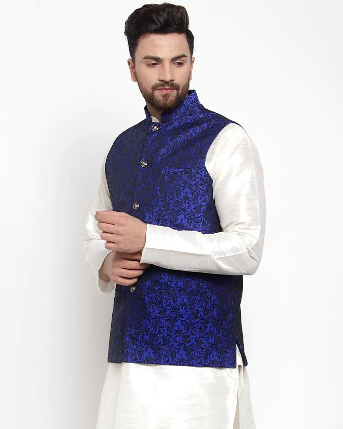Jompers Men Blue-Coloured & Black Woven Design Nehru Jacket ( JOWC 4004 Royal-Blue)