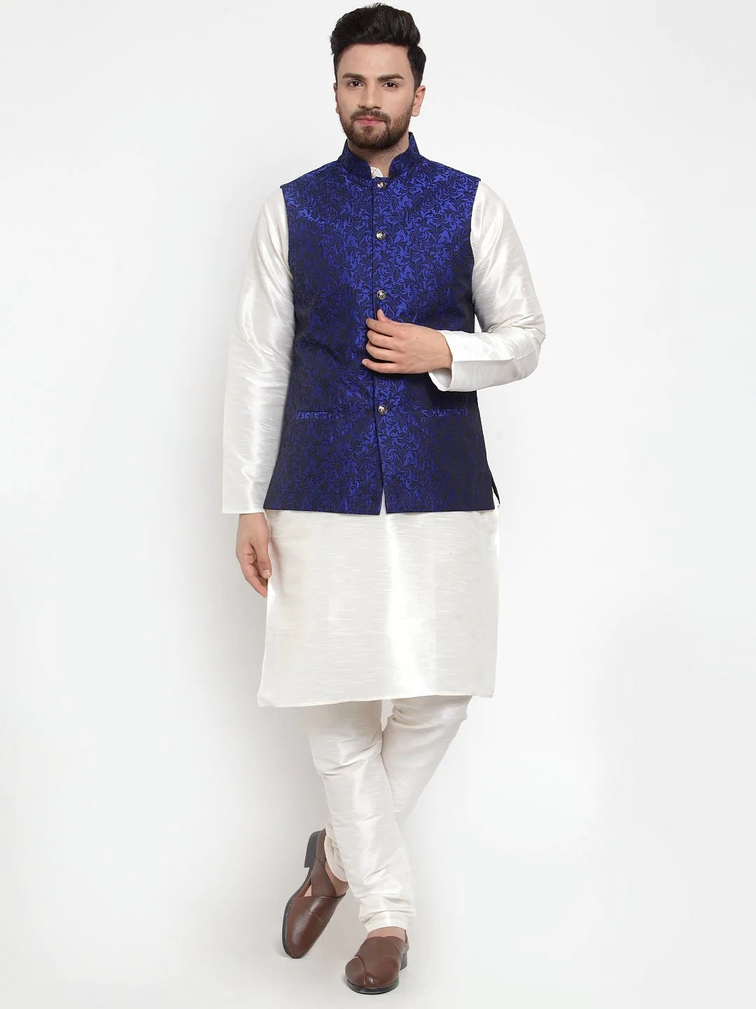 Jompers Men Blue-Coloured & Black Woven Design Nehru Jacket ( JOWC 4004 Royal-Blue)