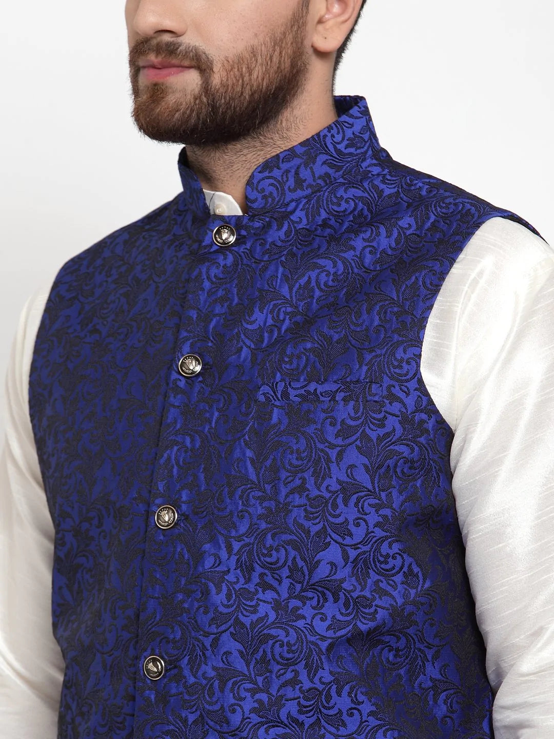Jompers Men Blue-Coloured & Black Woven Design Nehru Jacket ( JOWC 4004 Royal-Blue)