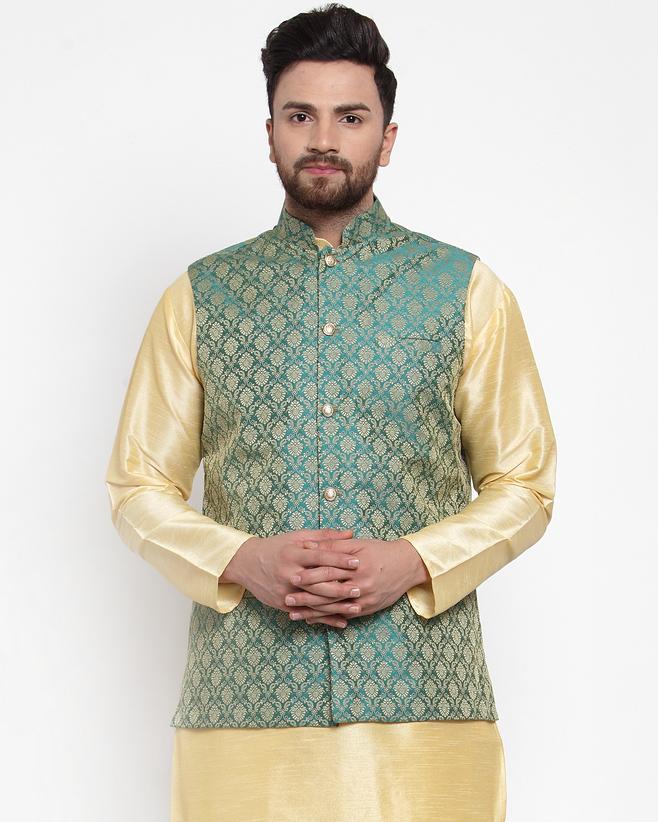 Jompers Men Green-Coloured & Golden Woven Design Nehru Jacket ( JOWC 4005 Green)