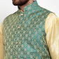 Jompers Men Green-Coloured & Golden Woven Design Nehru Jacket ( JOWC 4005 Green)