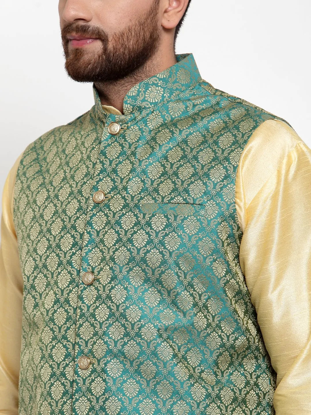 Jompers Men Green-Coloured & Golden Woven Design Nehru Jacket ( JOWC 4005 Green)