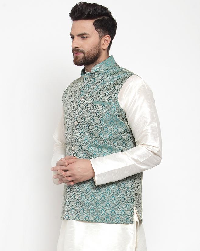 Jompers Men Green Woven Design Nehru Jacket ( JOWC 4006 Green)