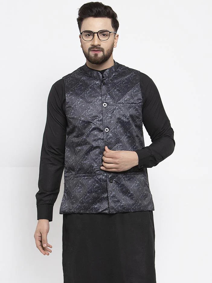 Jompers Men Charcoal Grey Printed Satin Nehru Jacket ( JOWC 4007 Charcoal)