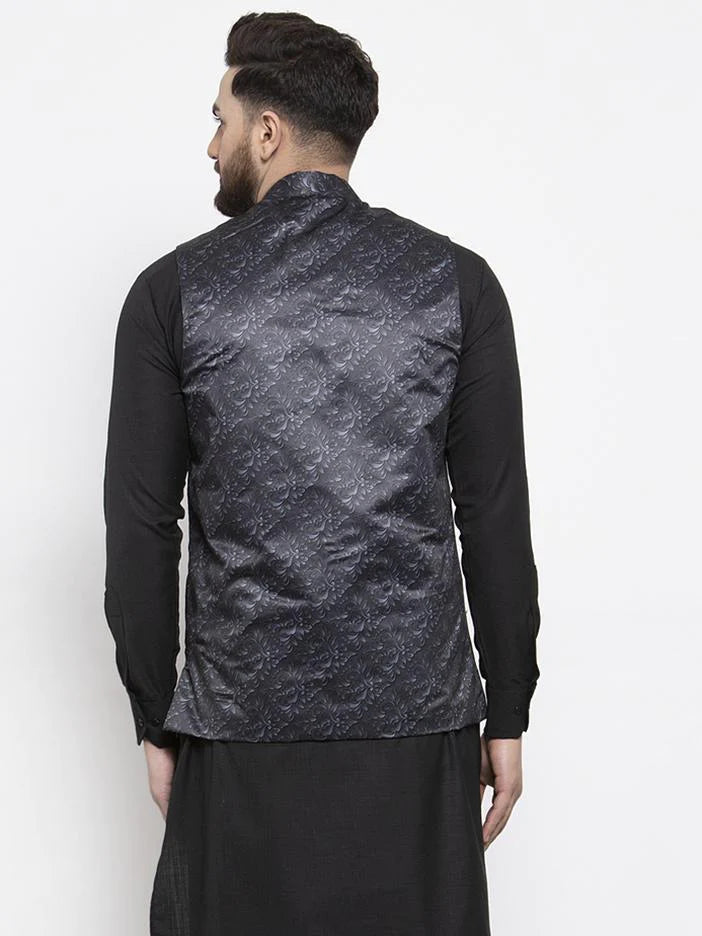 Jompers Men Charcoal Grey Printed Satin Nehru Jacket ( JOWC 4007 Charcoal)