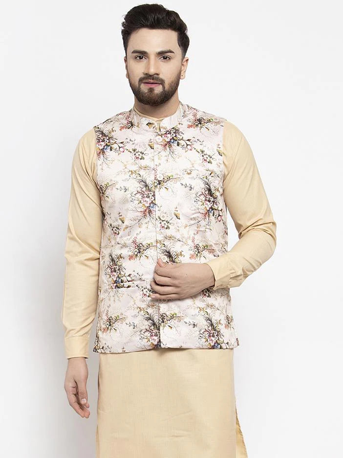 Jompers Men Cream Printed Satin Nehru Jacket ( JOWC 4007  Cream )