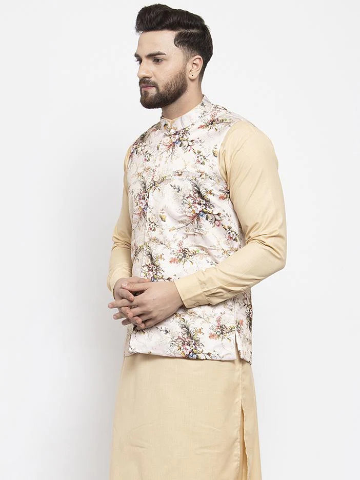 Jompers Men Cream Printed Satin Nehru Jacket ( JOWC 4007  Cream )